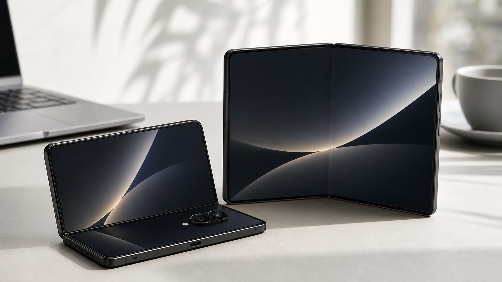 Galaxy Z Fold 8 Wide review concept image showing a passport-size wide foldable phone