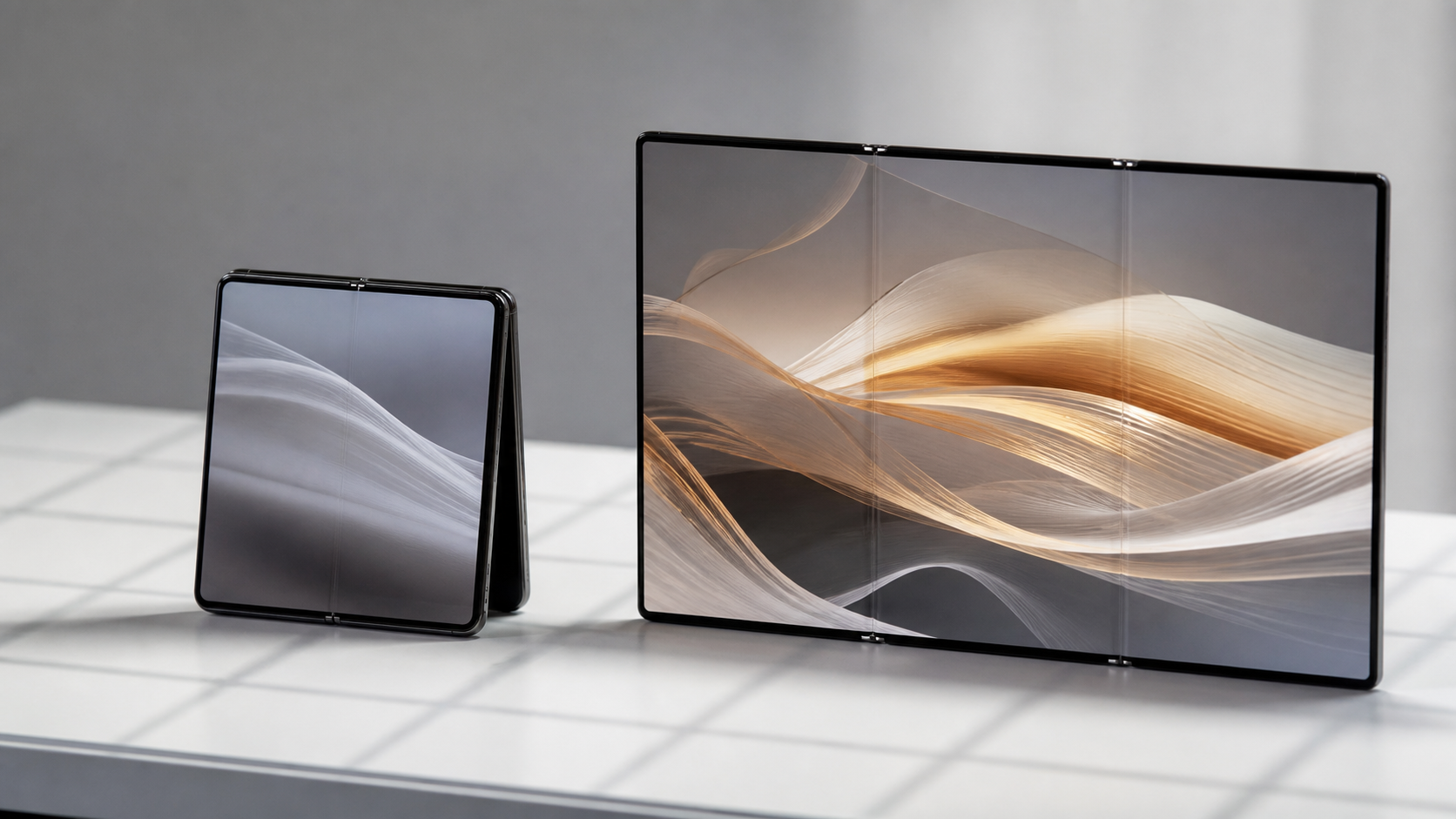 Galaxy Z Fold 8 Wide and Huawei Mate XT wide foldable phone comparison concept image