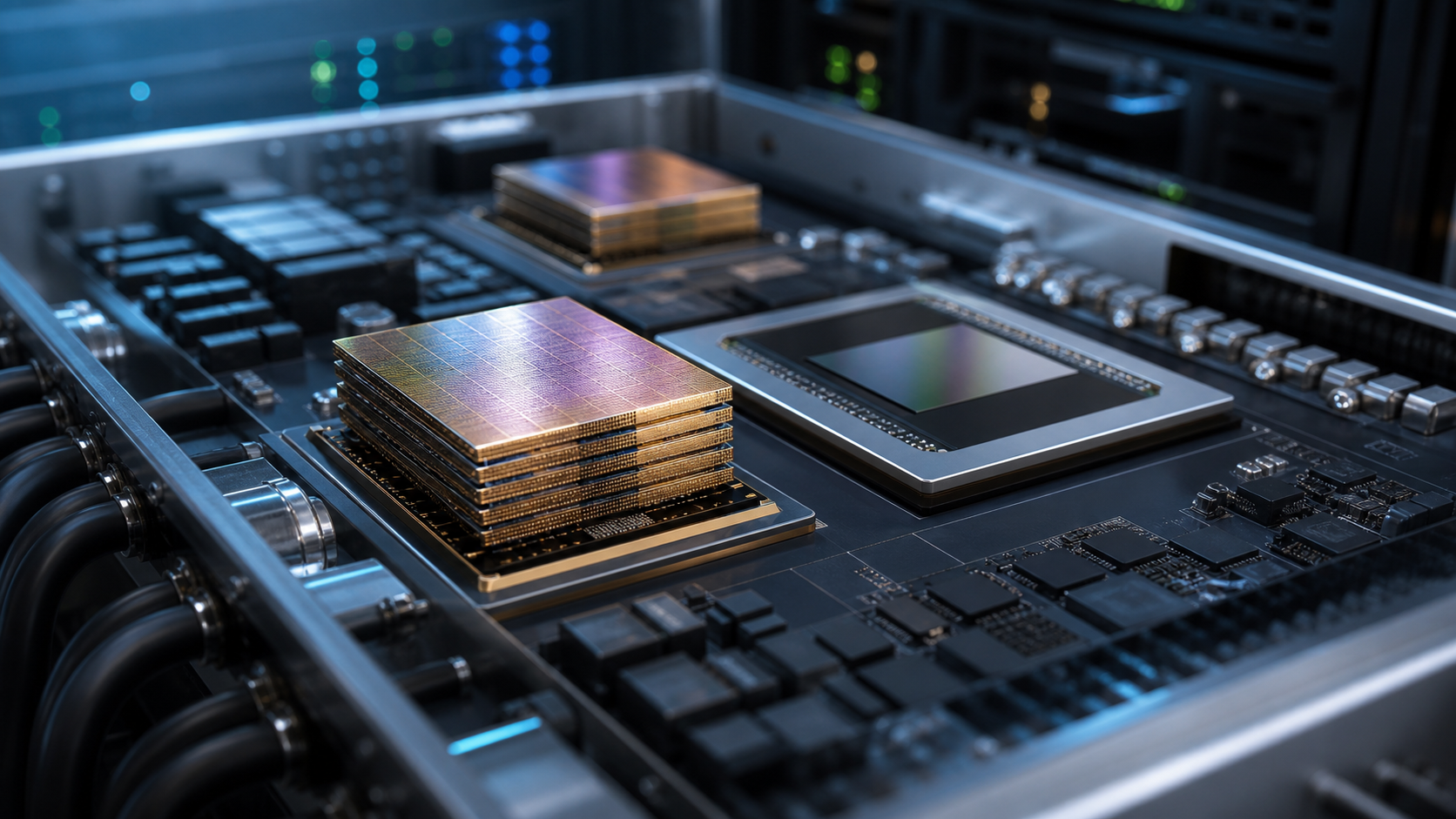 HBM4 memory stacks beside an AI accelerator on a silicon interposer for next-generation AI servers