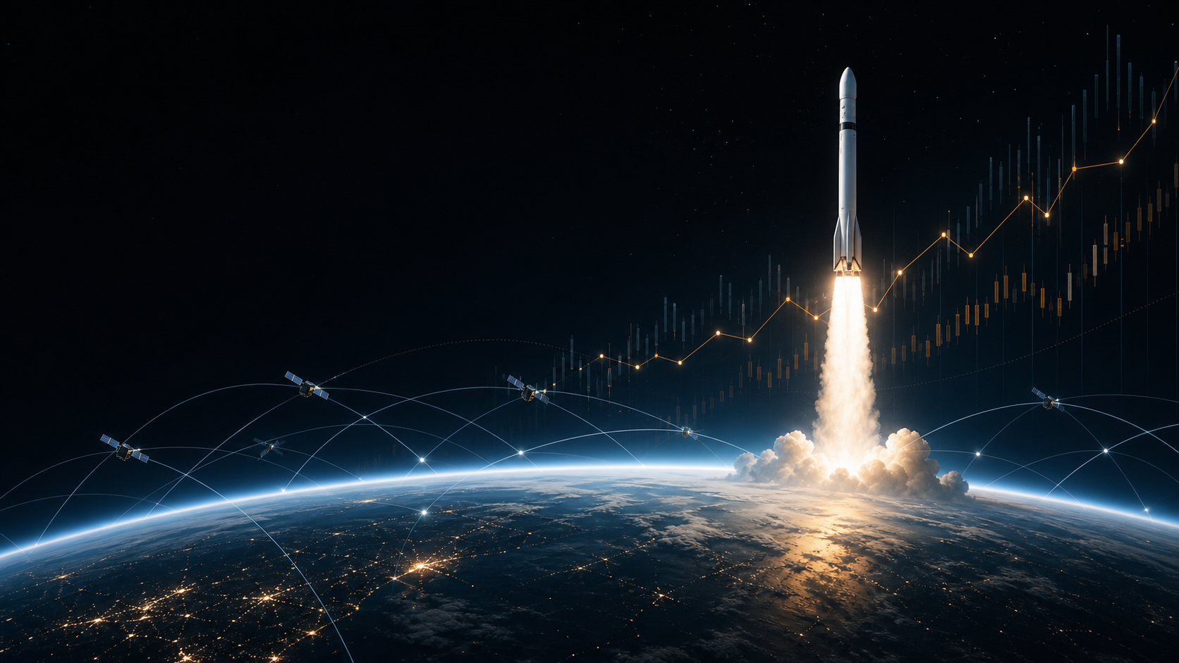 SpaceX 투자 분석을 위한 로켓 발사와 저궤도 위성망 일러스트