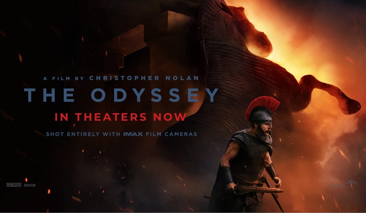 The Odyssey official banner showing a warrior before the wooden horse